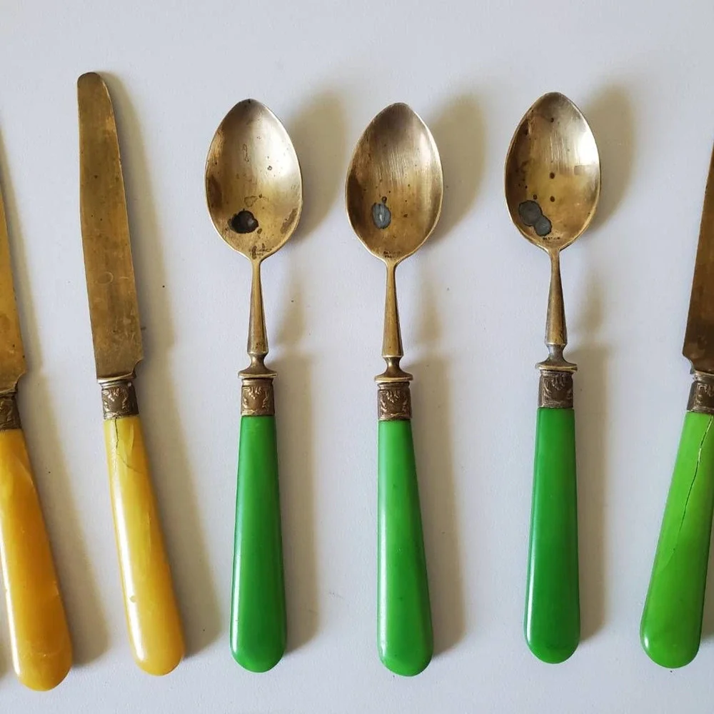 Antique French Brass Bakelite Knife Spoon Flatware Lot of 10 Nadal France